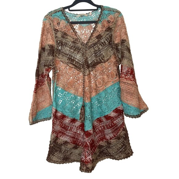 Soft Surroundings Aqua Multi Chevron Earthy Crochet Knit Tunic Top Size L - Picture 3 of 9